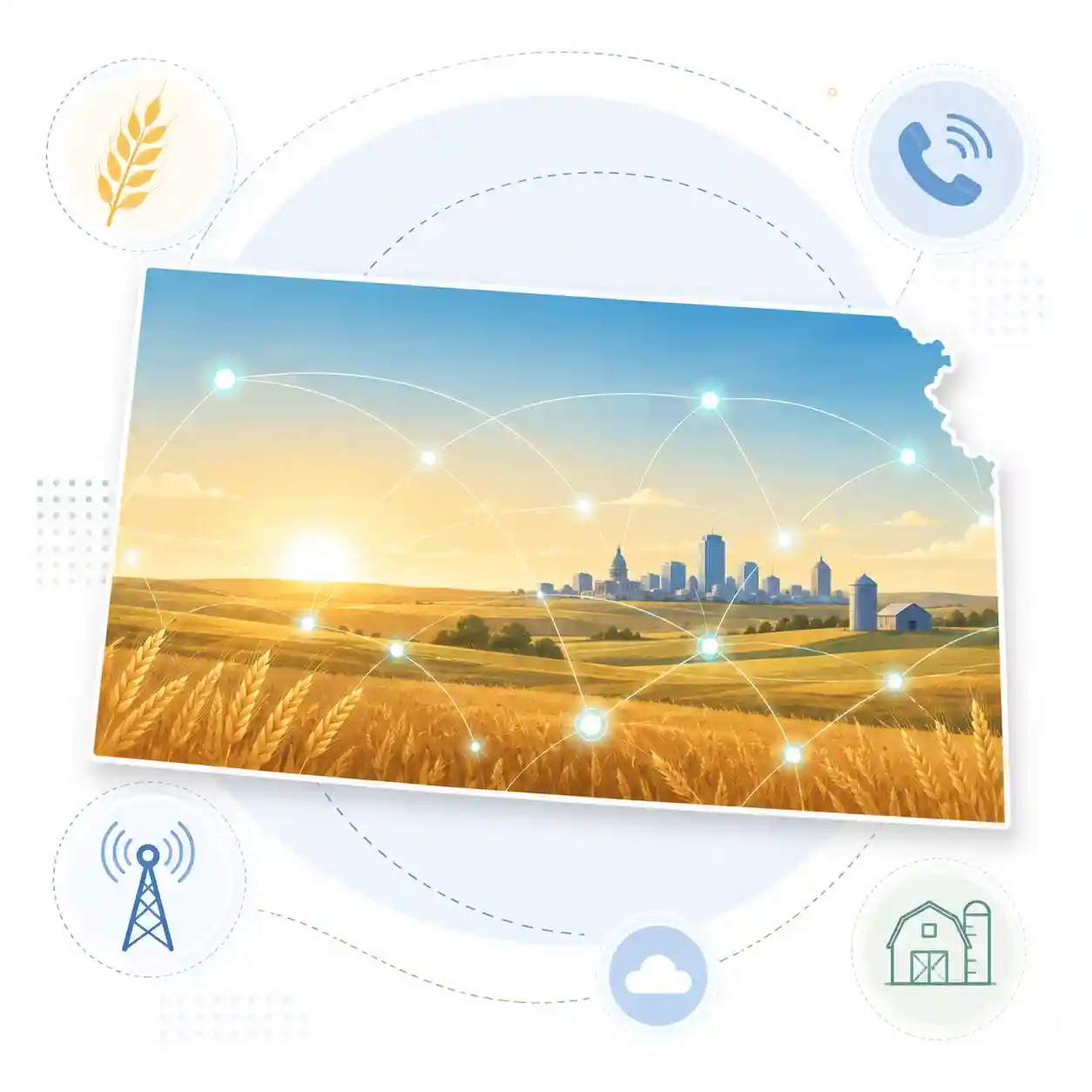 Kansas state map with icons for mobile, office, remote team and call center connected to a central phone pin